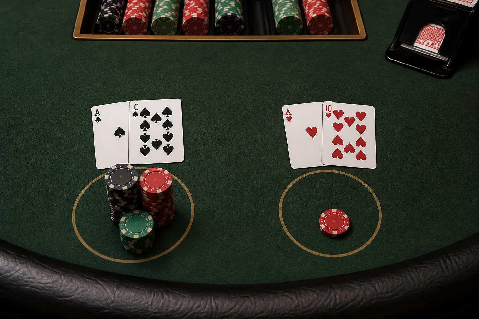 Two natural blackjack hands on a green table with different chip payouts