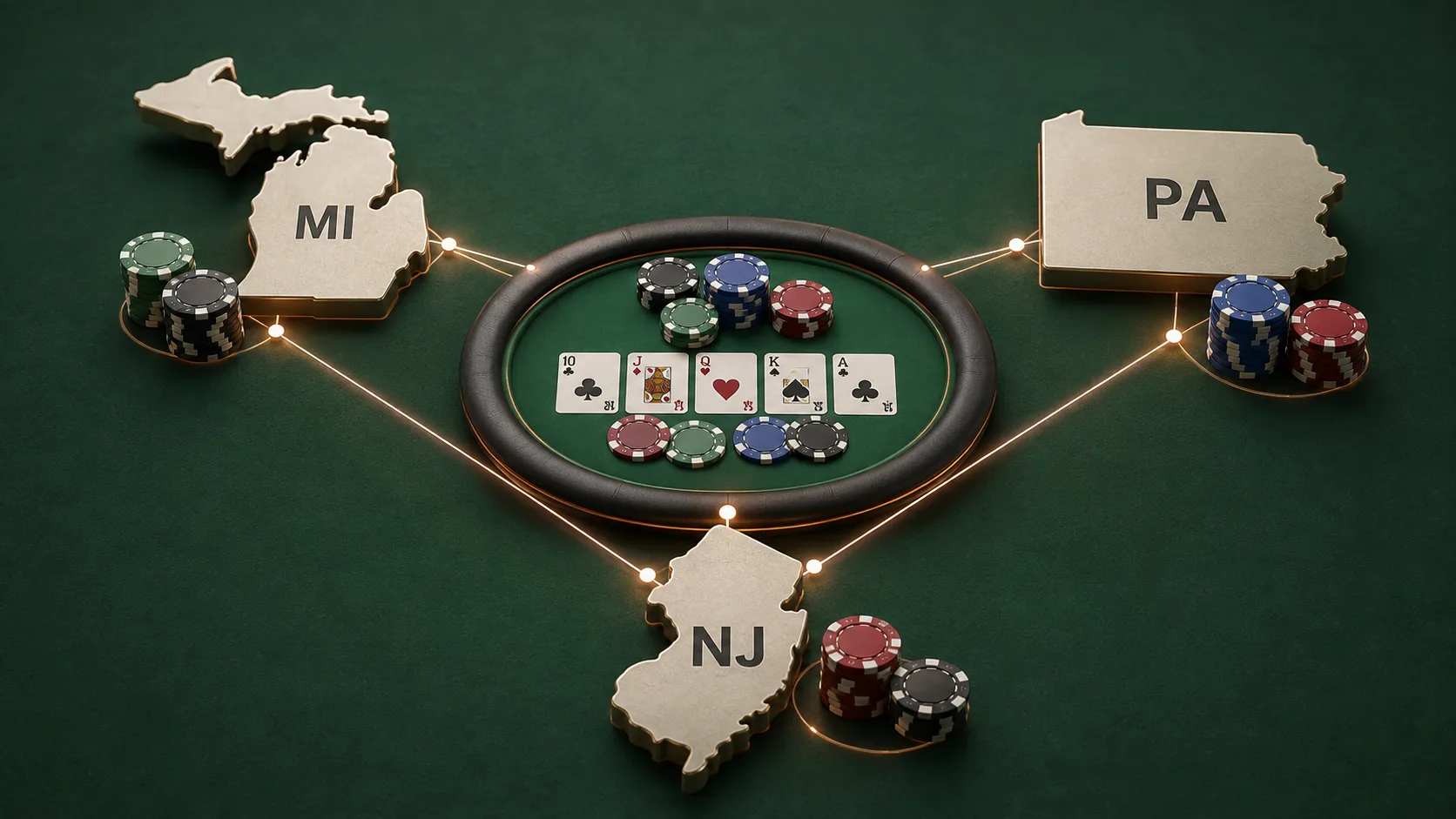 Three regulated US state poker markets connected to a shared online table